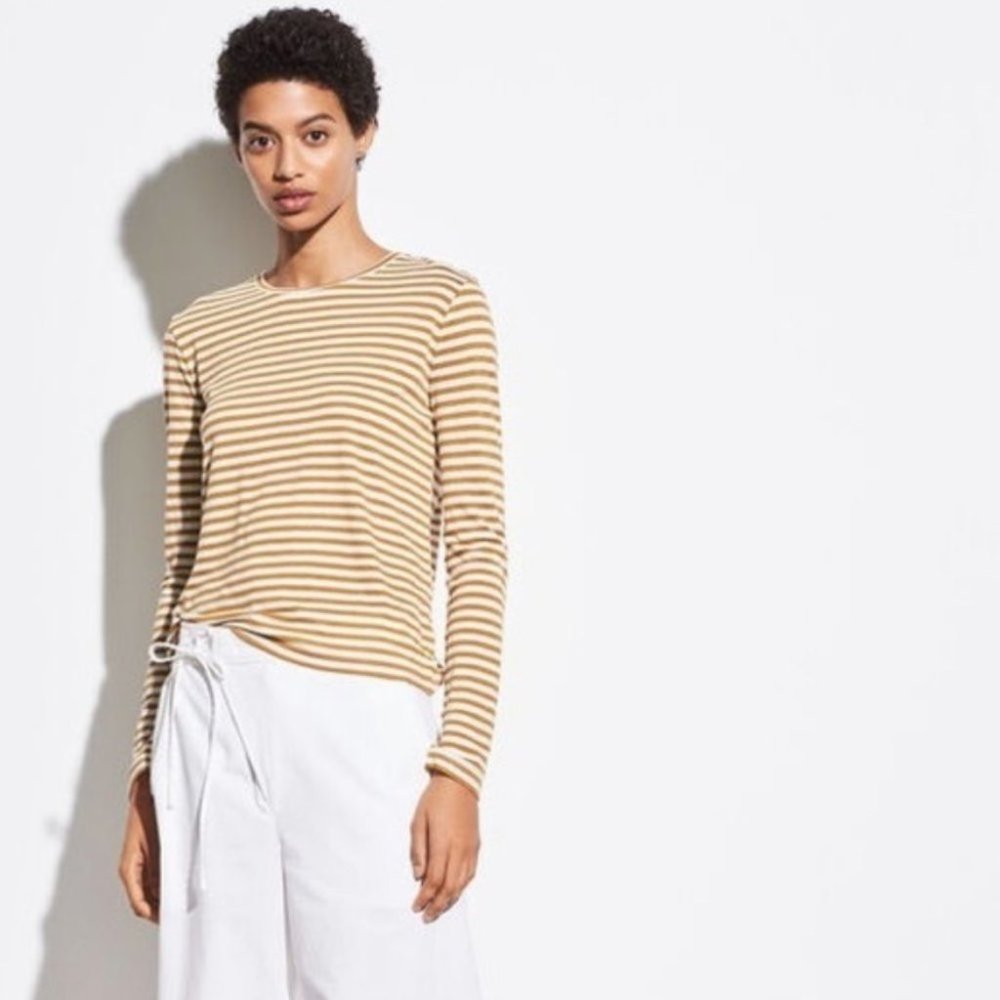 Vince Midi Striped Long-sleeve Crewneck Tee Silk Blend